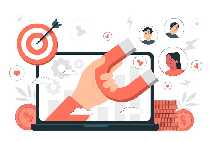 illustration with orange people computer in the background