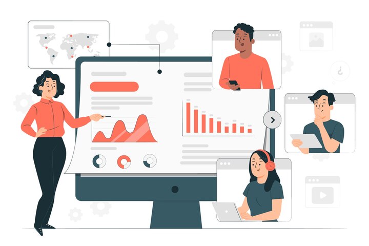 illustration with orange people computer in the background