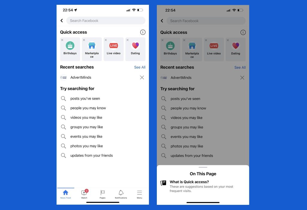 Facebook quick access